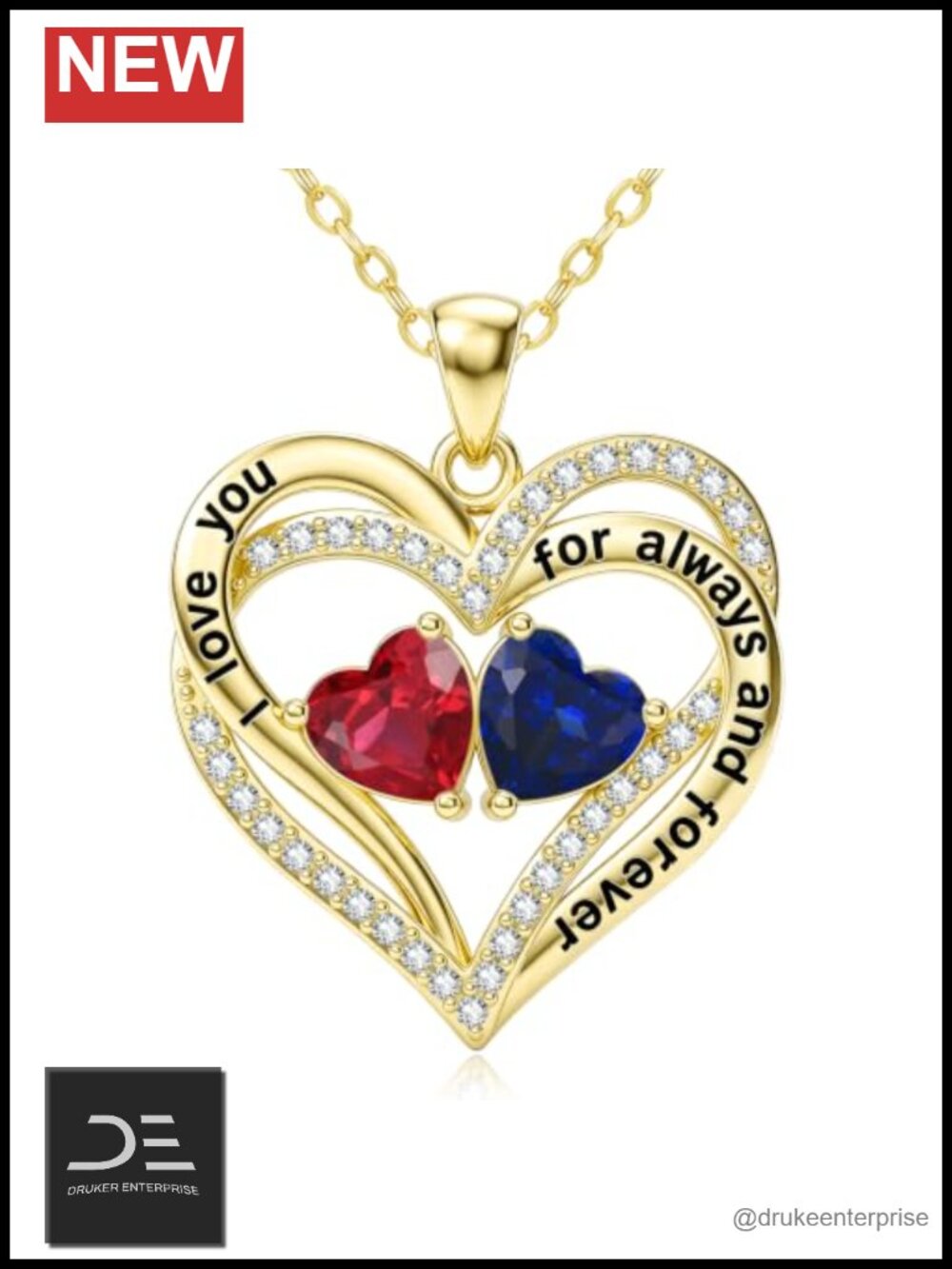 14K Gold Double Heart Pendant Necklace for Women, Cubic Zirconia Birthstone